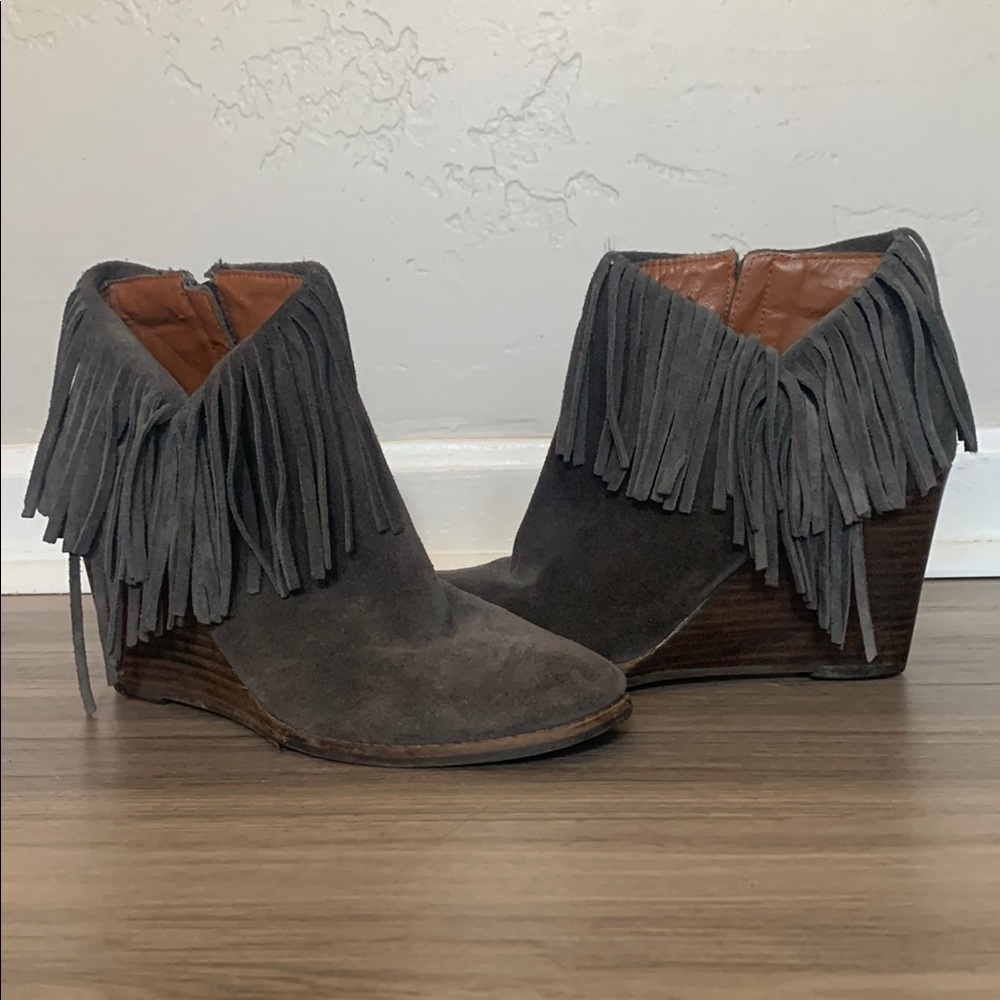Lucky Brand Fringe Suede Wedge Ankle Boots